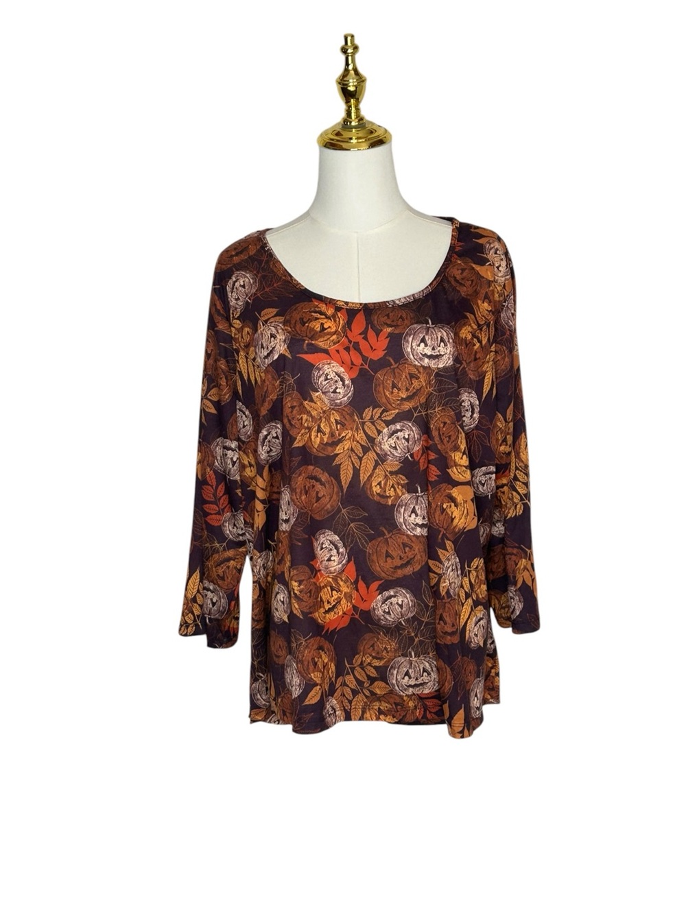 ONE WORLD Fall Halloween Pumpkin Leaves 3/4 Sleeve Plus Sz 2X Top Whimsigoth